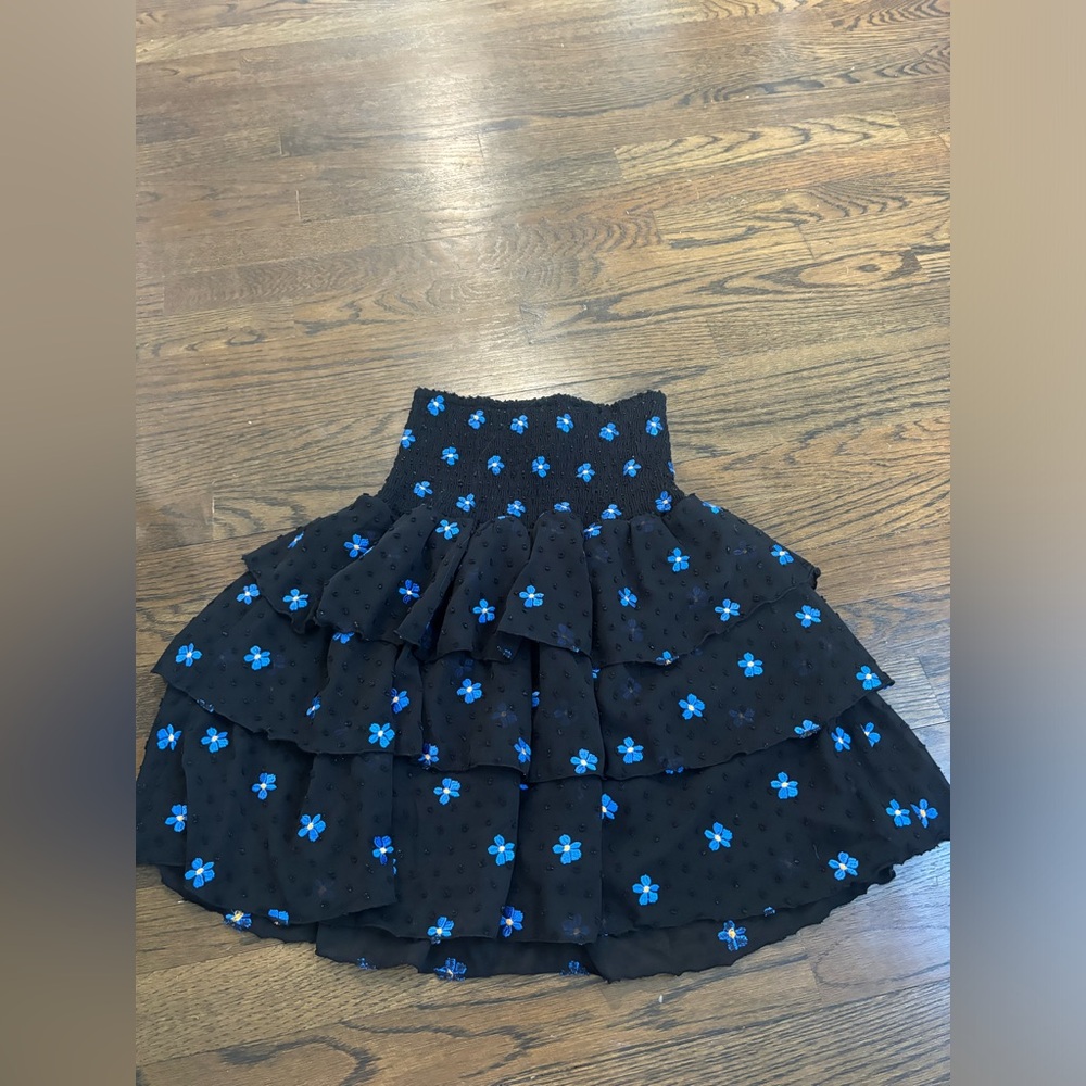 Maje Jalao Tiered Floral-Embroidered Skirt Black and Blue Floral Knee Length